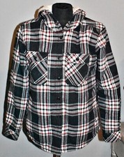 Boston Traders Black  Red Plaid Hooded Button Down Shirt Jacket Sherpa Sz Small