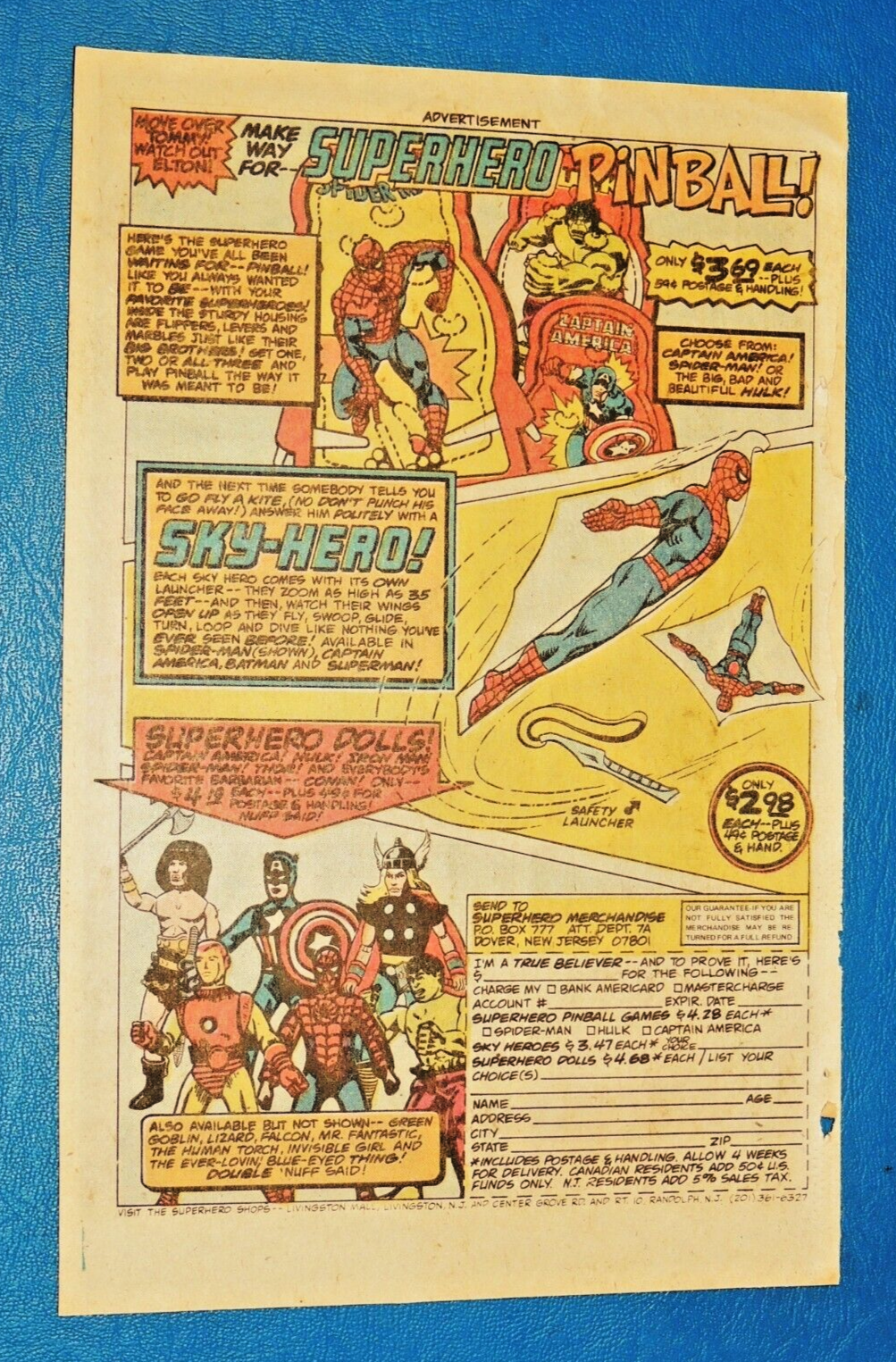 Vintage 1976 Mego Action Figures - Spider-Man Kite - Superhero Pinball ad