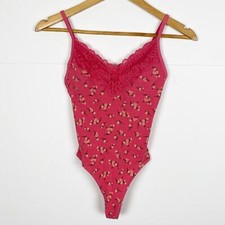 Victoria s Secret PINK Floral Print Lace Trim Cami Bodysuit Size Small