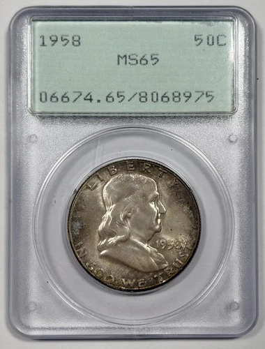 1958 50c Franklin Silver Half Dollar PCGS MS65 Toned Rattler OGH