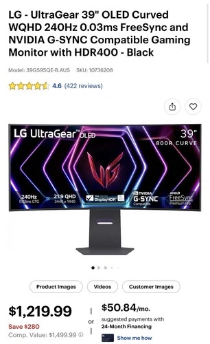 LG 39" UltraGear OLED Curved Gaming Monitor 240Hz 0.03ms G-Sync Compatible 800R