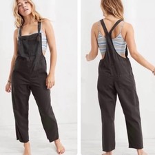 Aerie Werk Play Twill Overalls Cropped Grey Wide Leg Raw Hem M Boho Artist