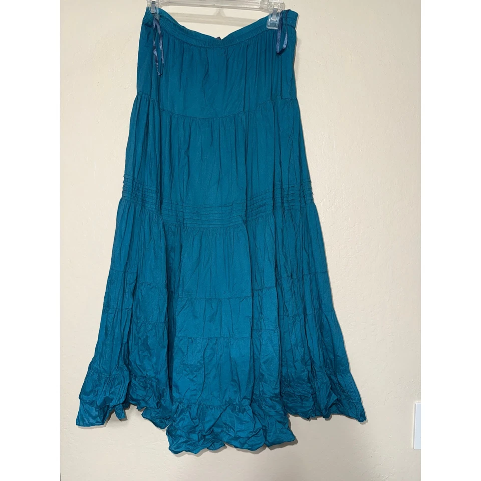 Koret Teal 蓝色分层长裙波西米亚节日弹性腰棉混纺 — 第 4/4 张图片