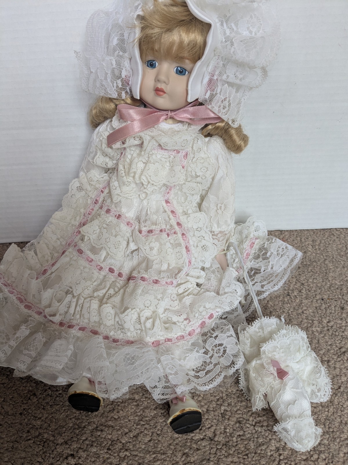 Vintage Victorian Porcelain Doll Blonde Blue Eyes Lace Dress Bonnet & Umbrella