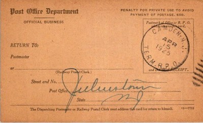 1924 US Post Office Registered Mail Dispatch Receipt Card Juliustown NJ