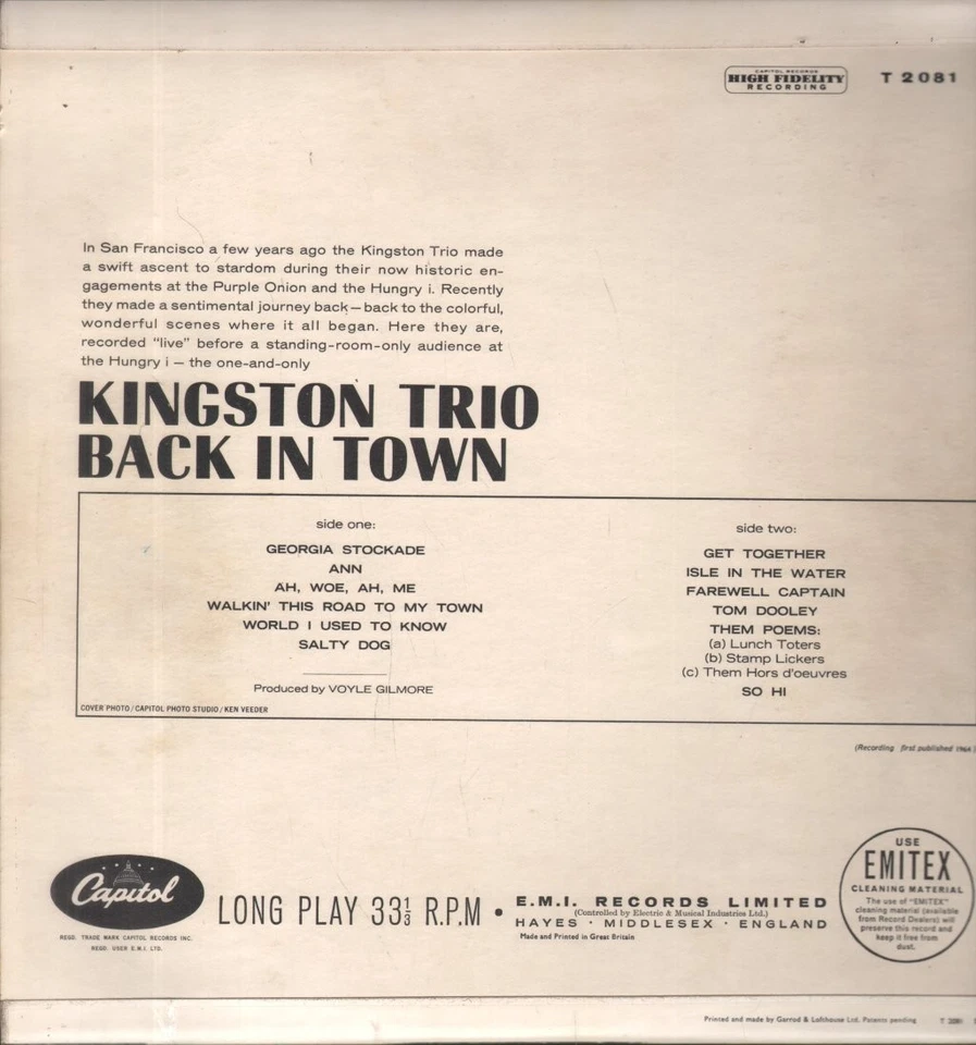 Kingston Trio Back In Town LP vinyl UK Capitol 1964 rainbow rim mono pressing in - Photo 2/3