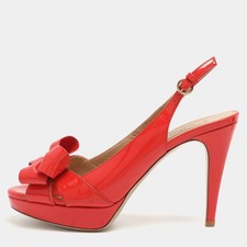 Valentino Bow Size 37 Red Patent Leather Slingback Platform Sandals