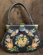 Floral Tapestry Purse Vintage Needlepoint Brown w/ Floral Print Gold Interior