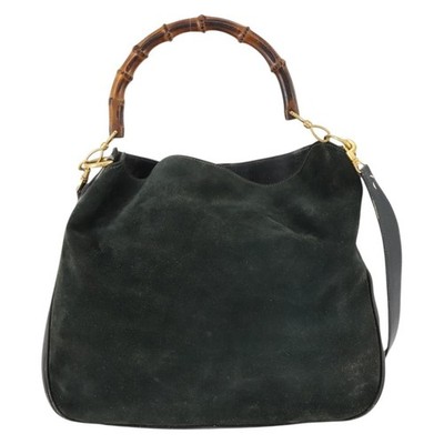 GUCCI Bamboo Shoulder Bag Suede 2way Green Gold 001 3754 Auth