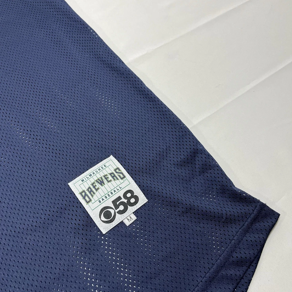 Camiseta de béisbol Milwaukee Brewers SS botón azul marino malla CBS News 58 promoción para hombre M Foto 4 de 4