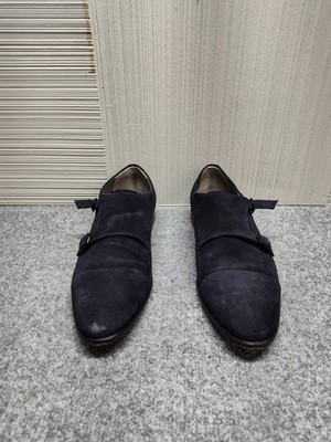 Hugo Boss Men Double Mock Strap Shoe 8.5 Black Suede Dress Loafer
