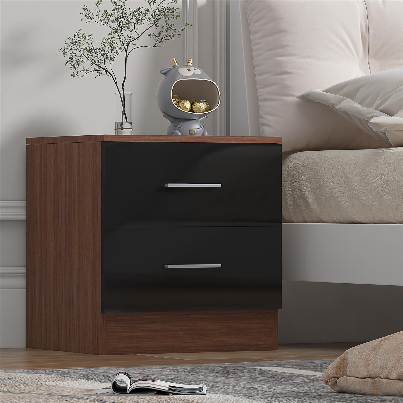 REFLECT 2 Drawer Bedside - Black Gloss Fronts & Matt Walnut Carcass