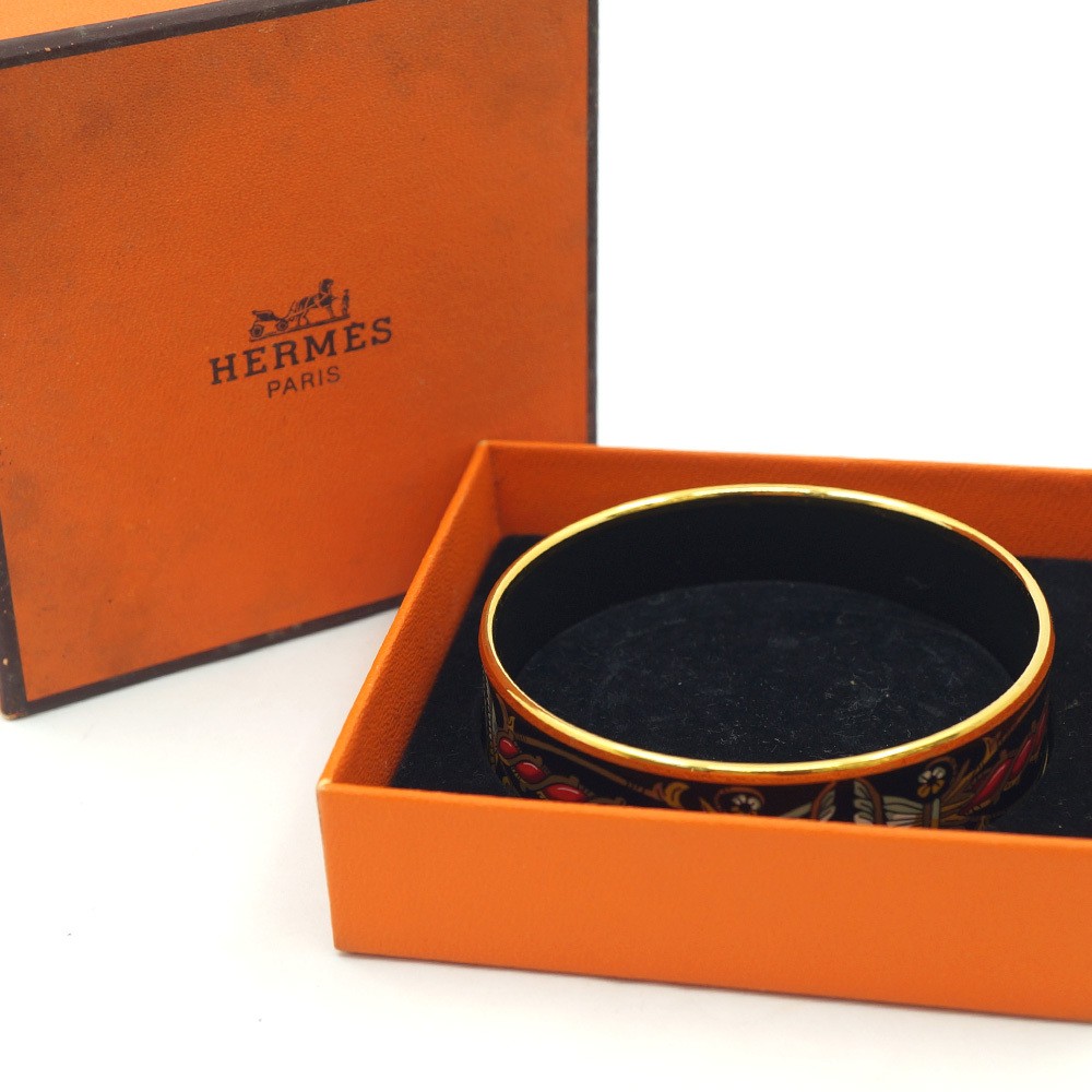 HERMES enamel GM Bangle in Gold and Black for Ladies 19.5cm Arm Circumference
