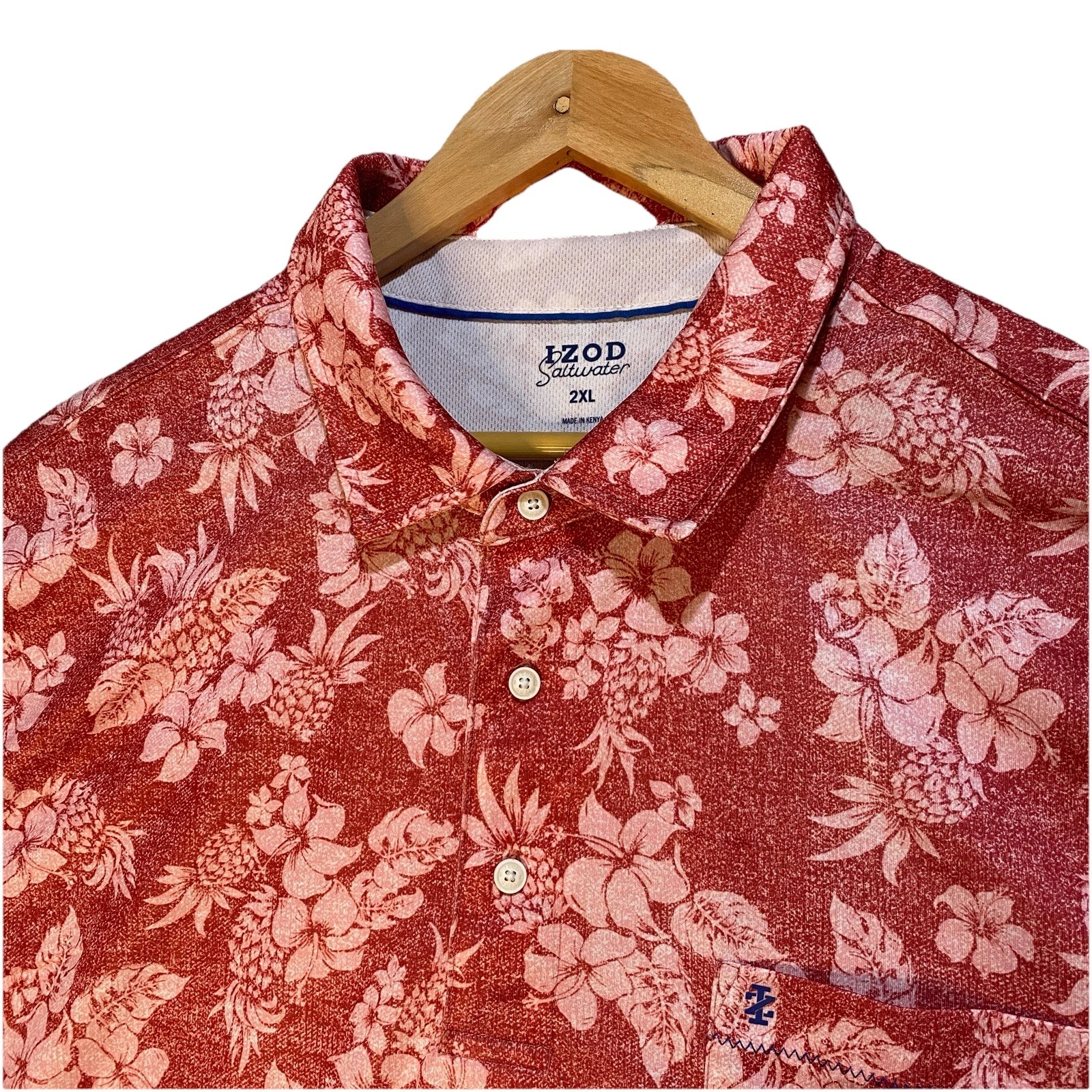 Saltwater Izod Golf Polo Shirt Mens 2XL Floral Tropical Pineapple Hawaiian Red