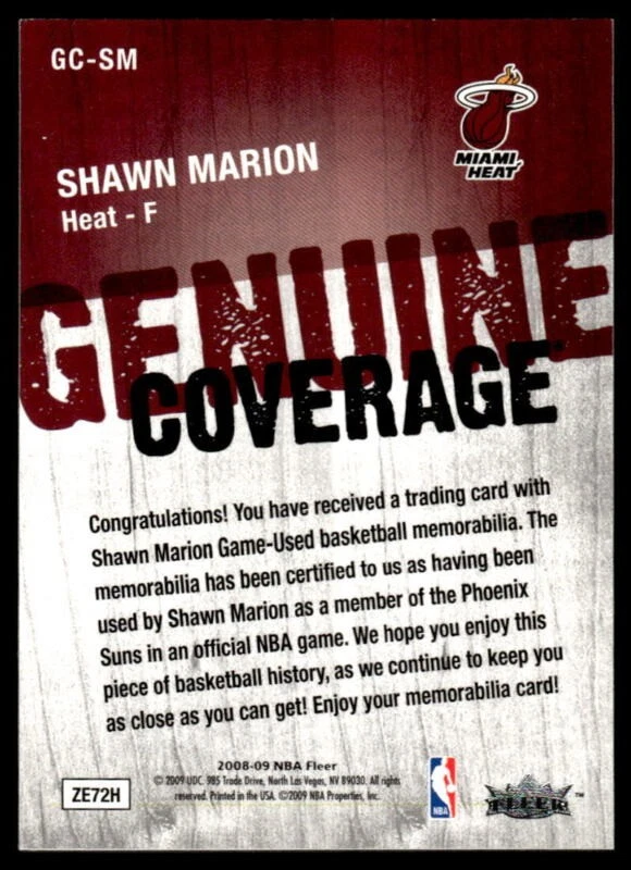 2008 FLEER SHAWN MARION GC-SM MINT GENUINE COVERAGE GAME USED MIAMI HEAT - Image 2 of 2