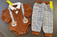 Baby Boy Set bodysuit pants Long Sleeved bow bear Set 3-6M brown 2-Piece Cartoon