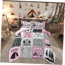 Girls Pink Camper Bedding Set Happy Camping Comforter Set Rv Queen Pink Grey