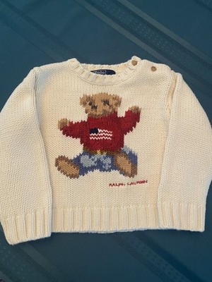 Polo Ralph Lauren Bear Knit Sweater L/XL Ivory 100% Cotton Pullover Baby Toddler