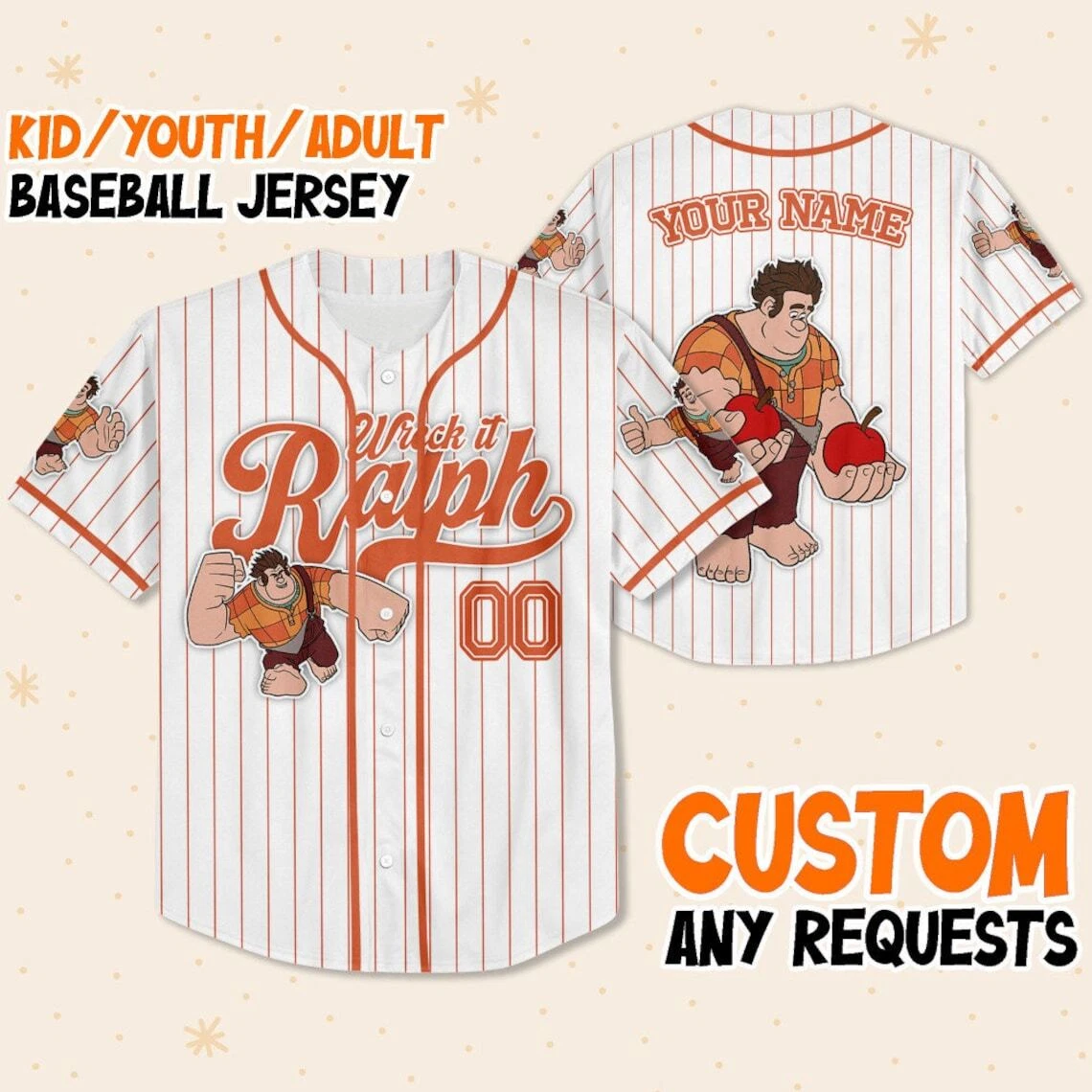 Custom Disney Wreck it Ralph Simple Stripe, Custom Baseball Jersey