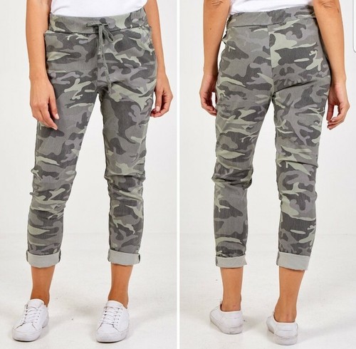 Ladies Khaki Camo Magic Pants Trousers Joggers Lagenlook Italy UK 10-16 - Picture 1 of 4
