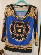 Premise Small Womens Top Blouse Beautiful Stretch Studded Blue/Black/Yellow