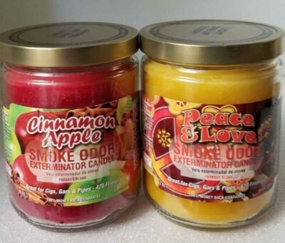 Smoke Odor 13 oz Candles 2 Fragrances Set Cinnamon Apple/Peace & Love.