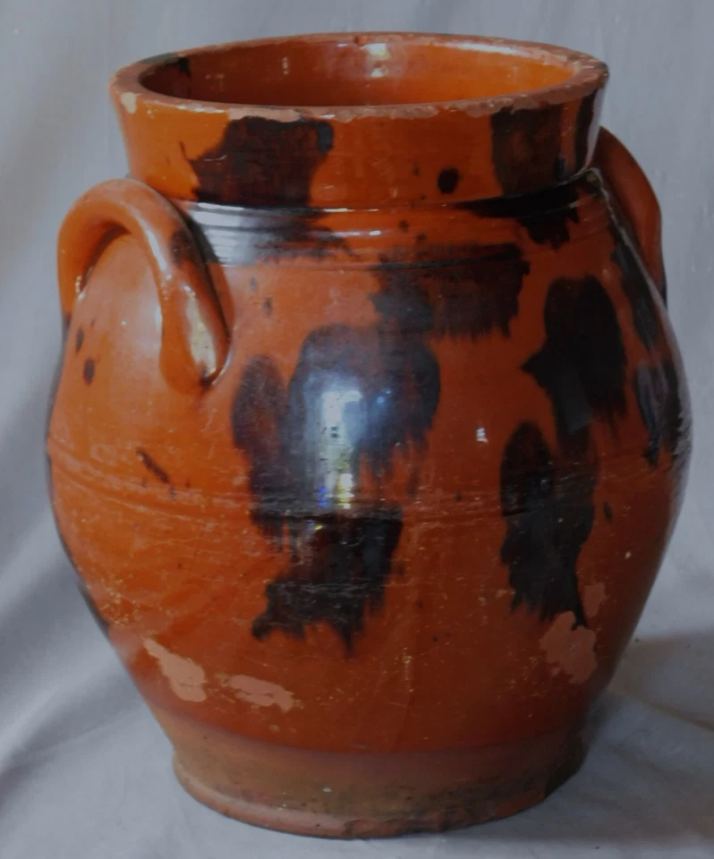 Rare antique redware crock urn manganese splotch  ear handles early 19th century - Image 3 of 4