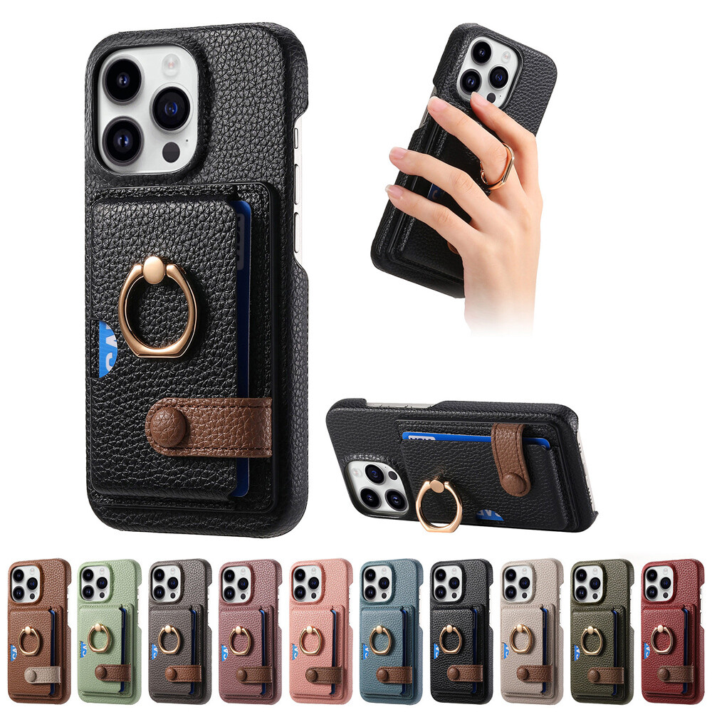 Litchi Print Ring Card Pocket Case for iPhone 15 14 13 12 11 XR XS