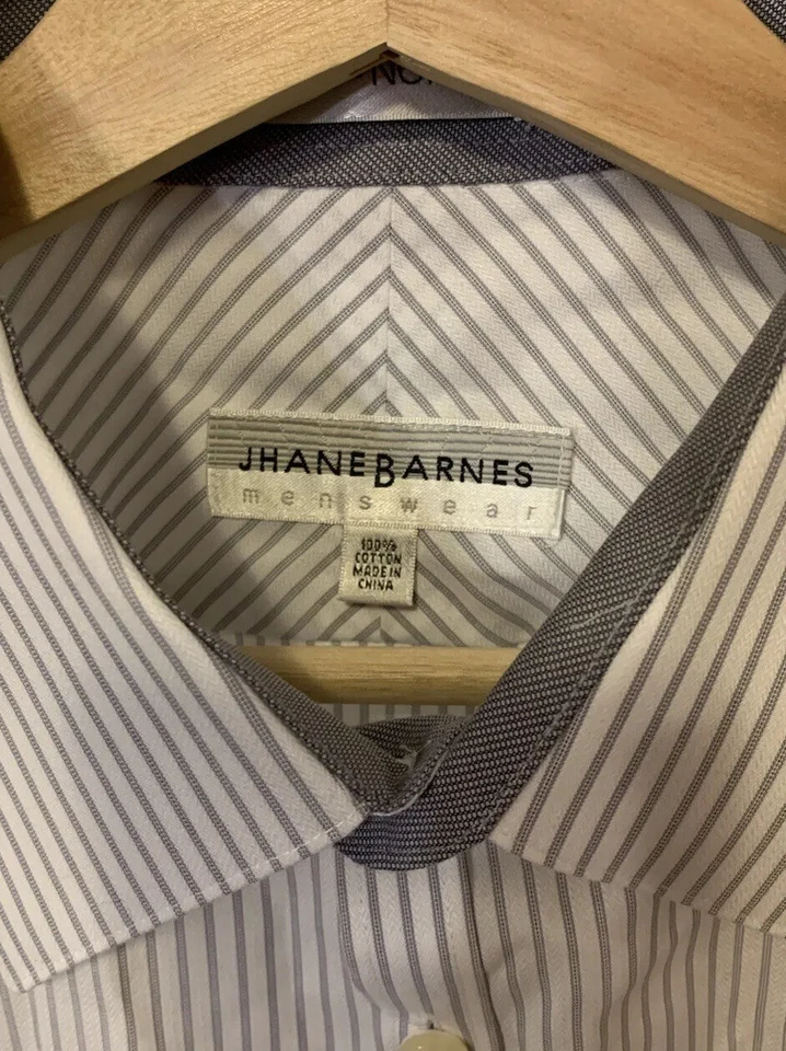 Jhane Barnes Men’s Sz 17 Long Sleeve Button Down Slim Fit Non Iron White Gray - Image 2 of 4
