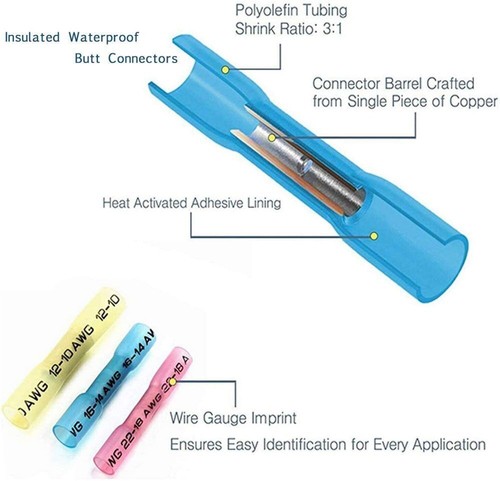 Heat Shrink Electrical Wire Butt Connectors Splice Crimp Terminals Kit US 100PCS - 第 3/8 張圖片