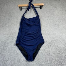 One Piece Swimsuit Womens Medium M Navy Blue Halter Neckline Padded Bra Ruched