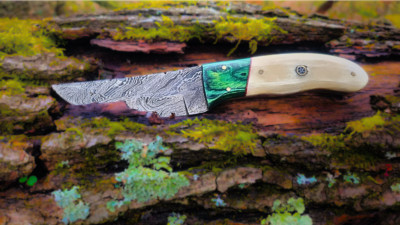 Handmade damascus knife with leather sheath camel bone handle and pakka wood