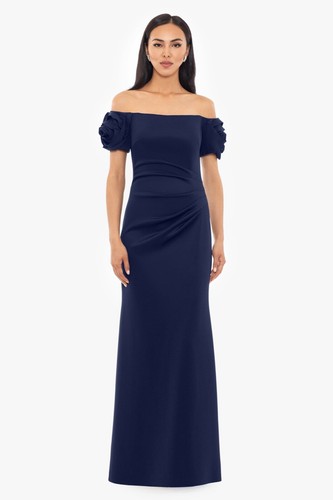 NWT XSCAPE Navy ROSETTE Off The Shoulder RUCHED Scuba EVENING Dress GOWN 8 - Picture 2 of 13