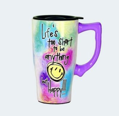 Life's short be Happy! Ceramic Coffee Travel Mug, Plastic Cover, NIB [12007] OoP