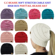 CC Ponytail Beanie Hat Soft Stretch Cable Knit High Bun Ponytail C.C Beanie! 