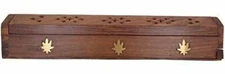 Cavelio  Rose Wooden Coffin Incense Burner - Jali and Cannabis Leaf 12" - Brass