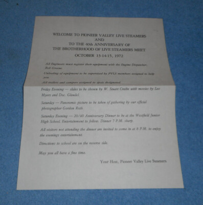 1972 Pioneer Valley Live Steamers Brotherhood National Meet Program & Directions