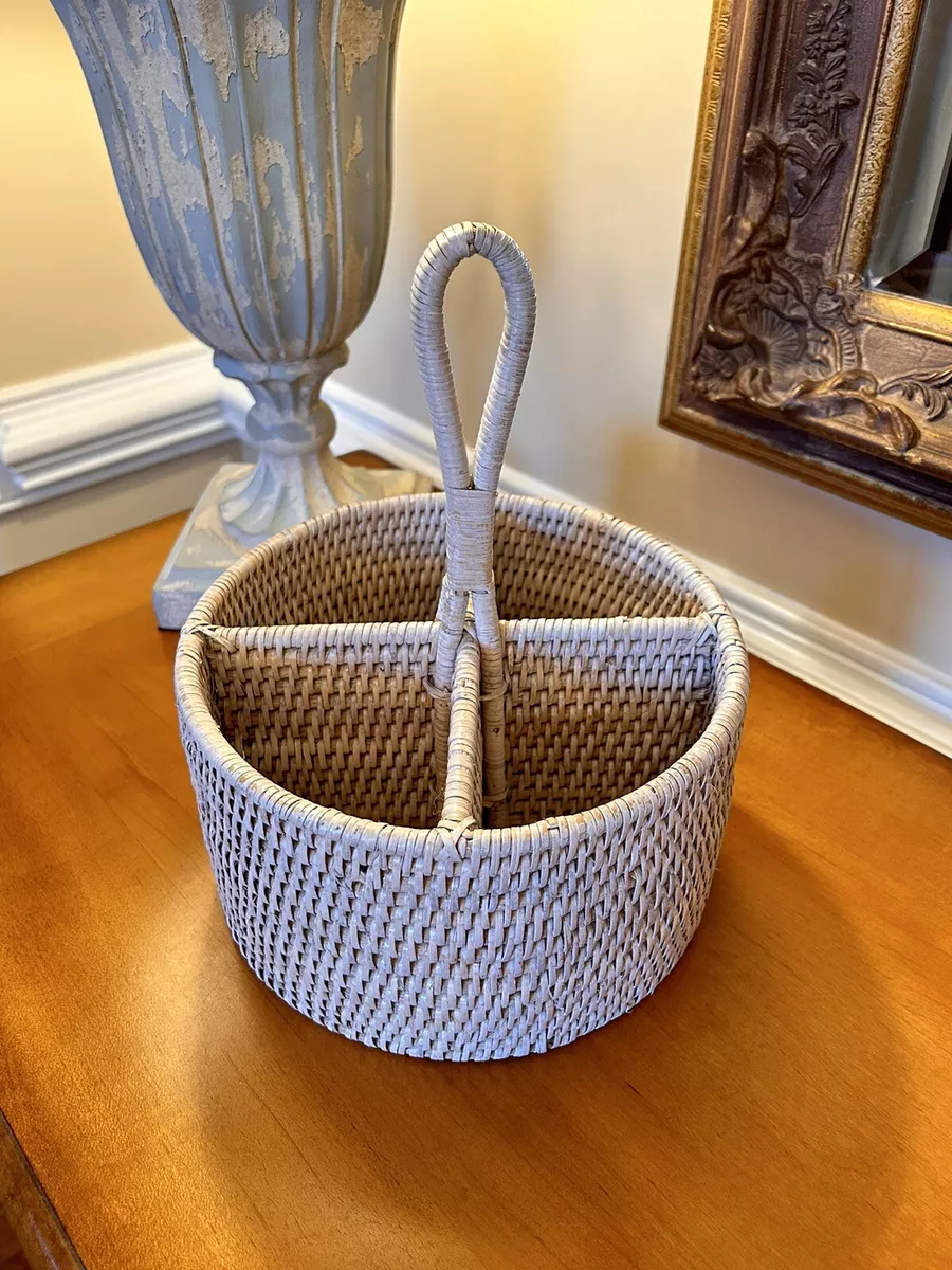 Pottery Barn Tava Handwoven Rattan Round Flatware Caddy Light