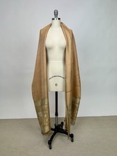 Antique Brown Silk Jacquard Floral Design Long Shawl Turn Of Century with Fringe