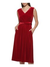 KENSIE Womens Shift Midi Dress Red Sleeveless Party Twist Front Juniors XS
