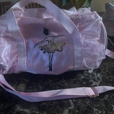 Girls Pink Ballet Dance Bag with Sequin Ballerina and Lace Ruffle Trim