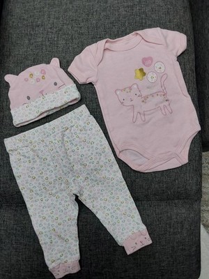 duck duck goose Pink Cat Bodysuit, Pants & Hat Set Bow Glitter Accent Outfit
