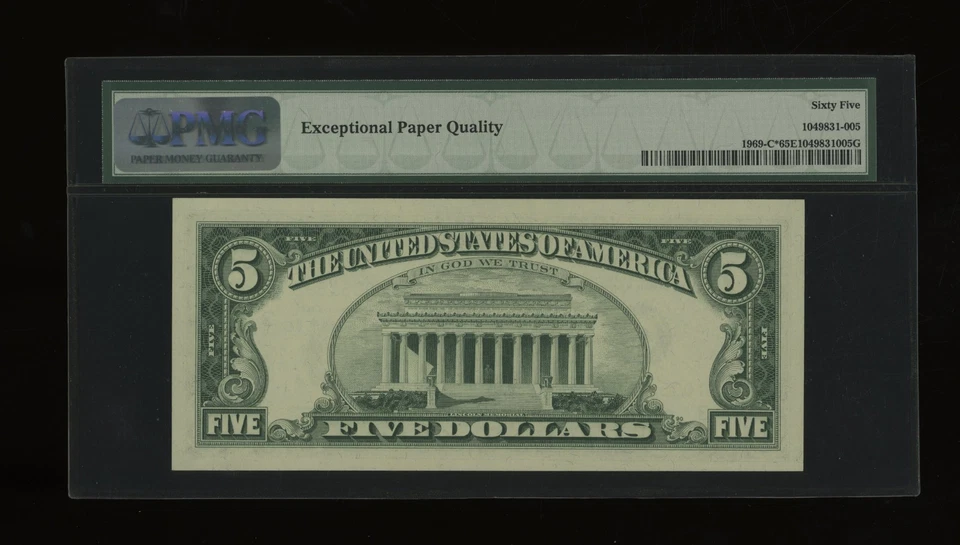 DBR 1969 $5 FRN Philadelphia Gem STAR Fr. 1969-C* PMG 65 EPQ Serial C00561598* - Image 2 of 2