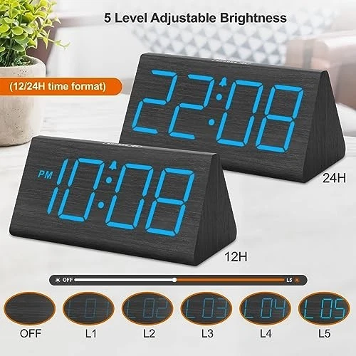 Wooden Digital Alarm Clock USB Port Loud Alarm Adjustable Volume Dimmer - Image 3 of 4