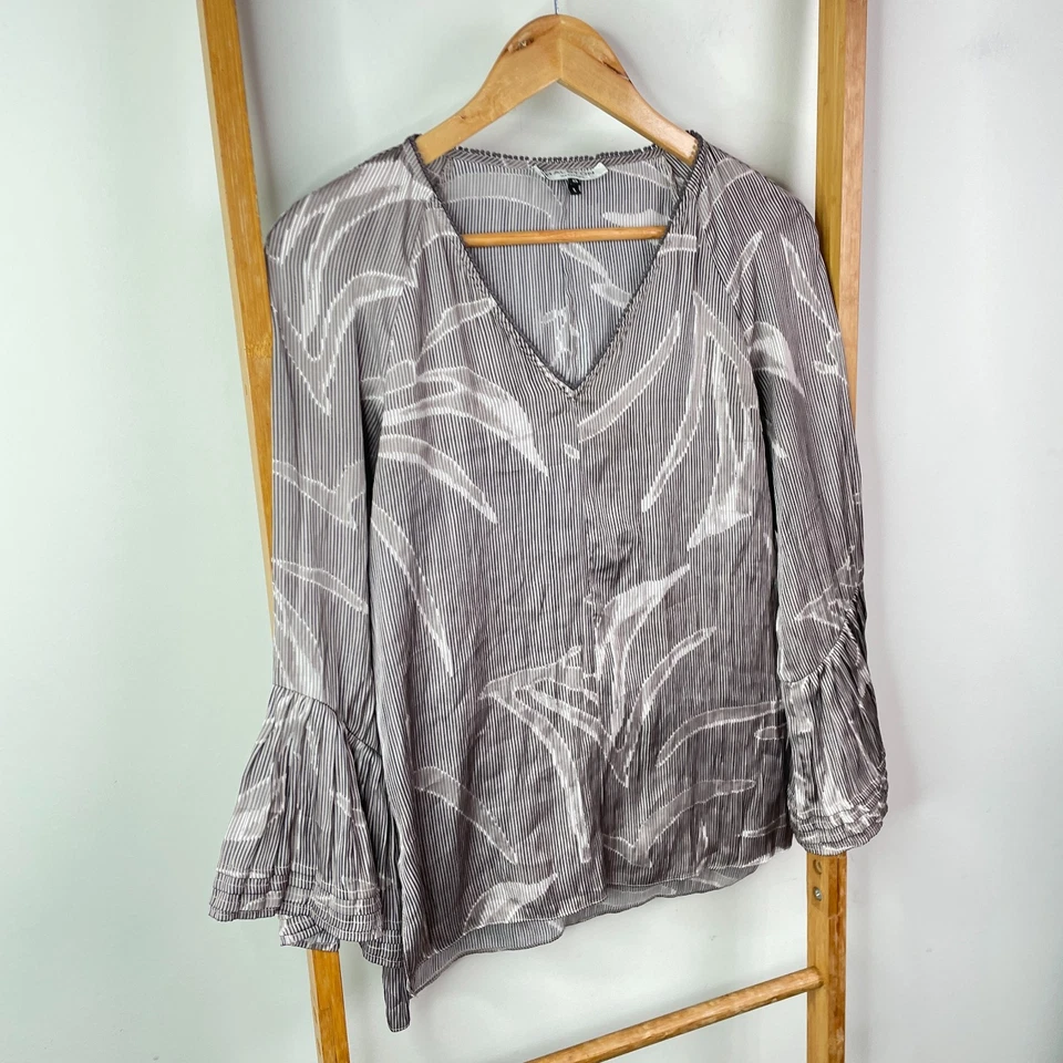 Halston Heritage Blouse Top Womens Extra Small Grey Stripe Bell Sleeve V-Neck - Image 2 of 4