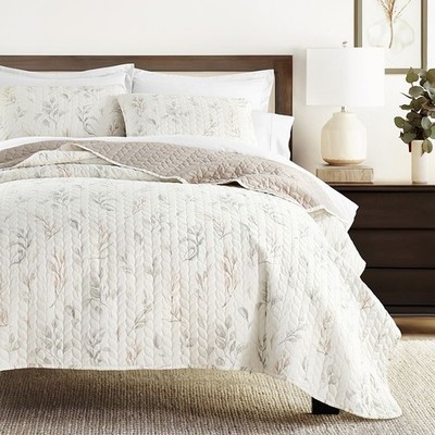 Noble Linens Latte 3 Piece Watercolor Leaves/Stripe Reversible Microfiber Quilt