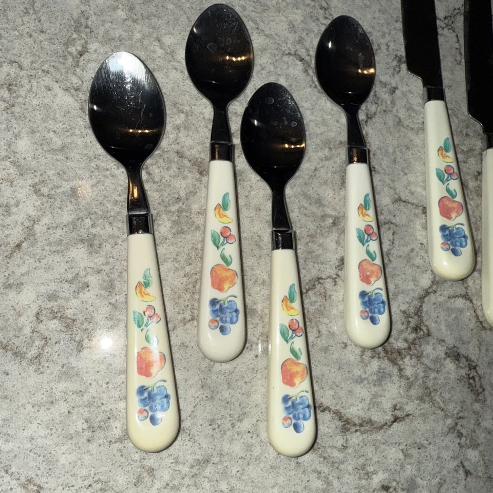 Vintage Lot 12 Pieces Stainless Flatware White Plastic Handle Fruit Design MCM - Image 2 of 4
