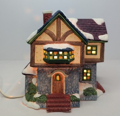 Vintage Russ Berrie & Co Plaster Lighted Christmas Village Tudor House Pre-owned