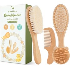 4 PC Baby Brush and Comb Set Wooden Natural Soft Goat Hair For Newborn