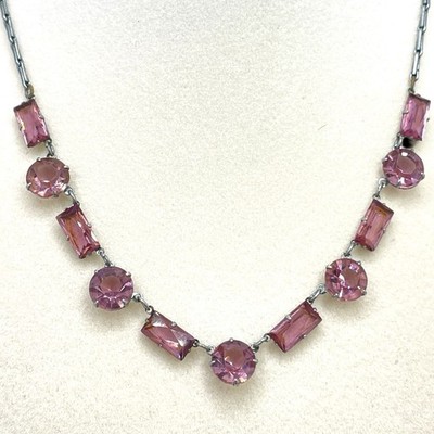 Vtg. Art Deco Faceted Round & Rectangle Lilac Glass Choker Necklace 16 